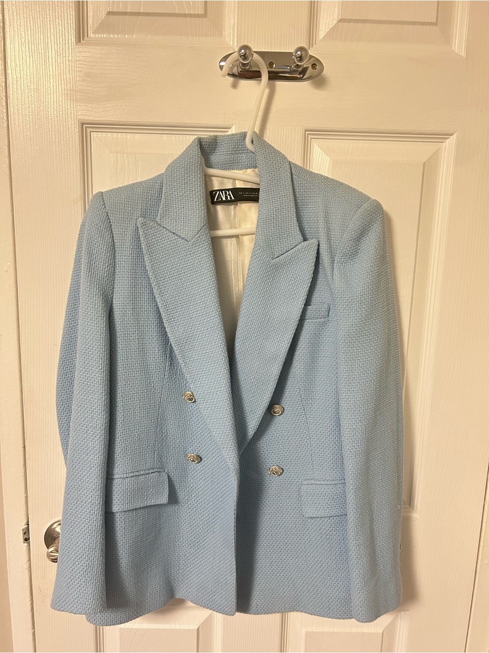 ZARA Pastel Blue Double-Breasted Textured Blazer